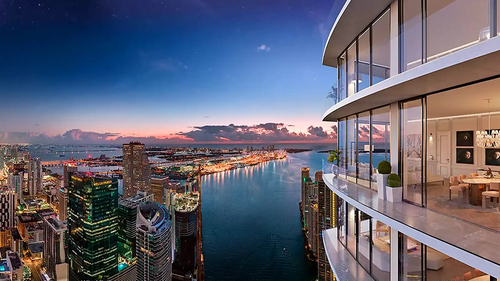 Fotografía panorámica de Miami que muestra un balcón del proyecto Baccarat