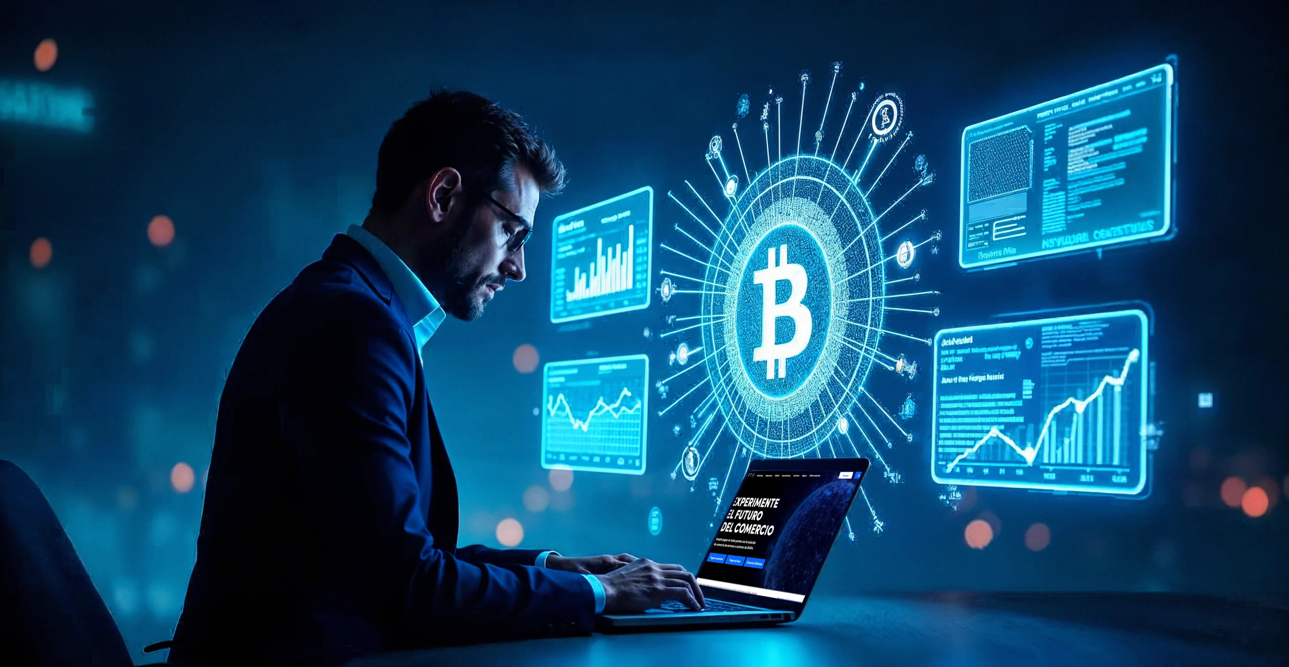 Imagen que presnta un alto ejecutivo de PMG y Shift4 trabajando en su portatil rodeado de un escenario moderno con simbología de finanzas y criptoactivos