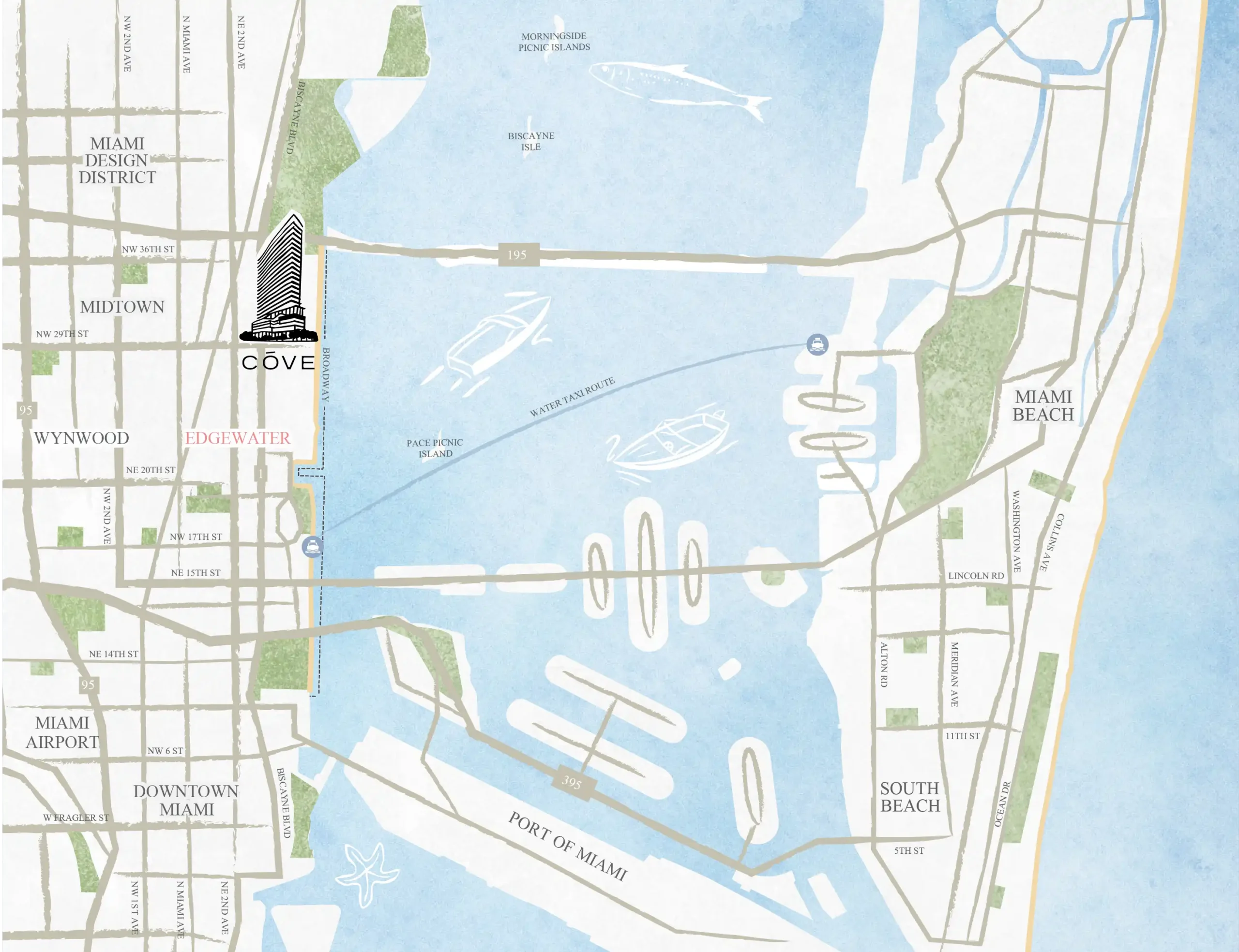 Mapa de miami con la ubicación de The cove Residences